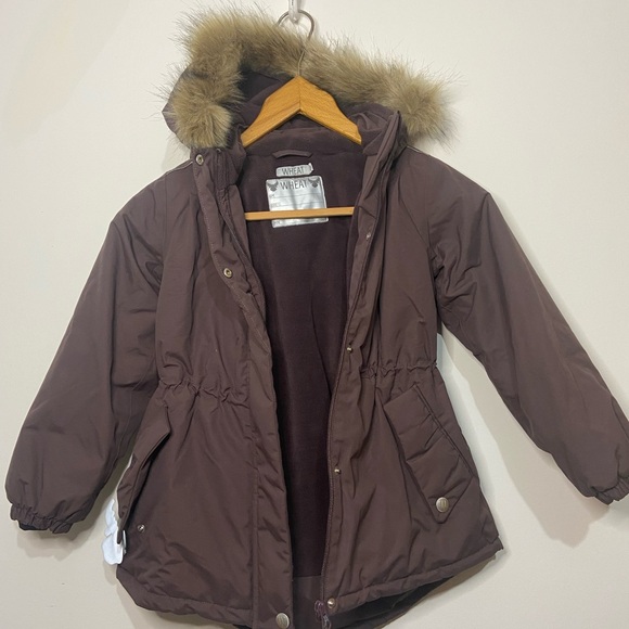 Wheat Other - Warm Brown Kids Puffer Jacket with Faux Fur Hood